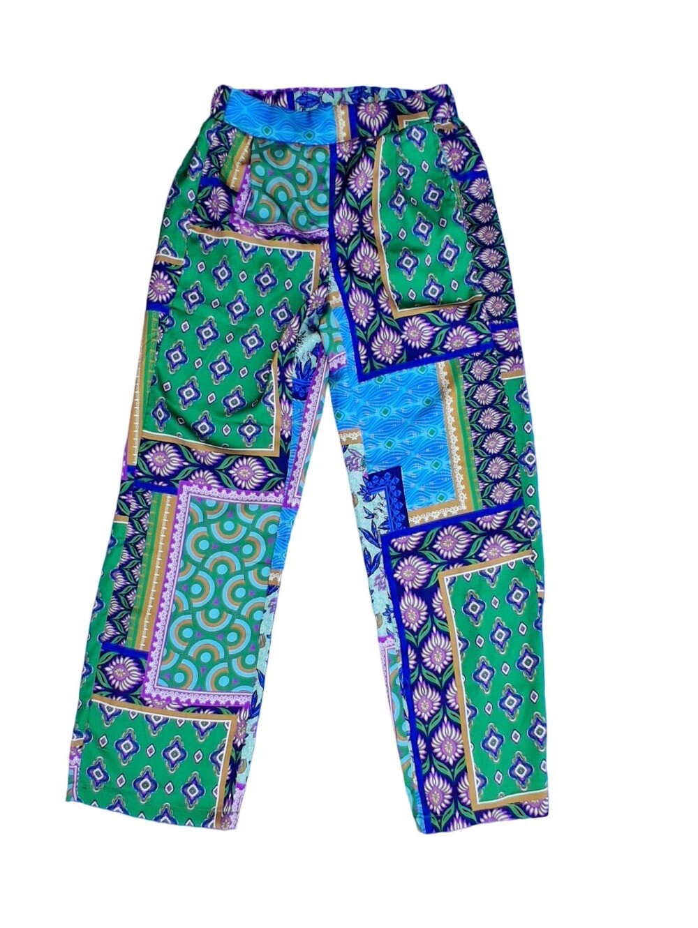 Palazzo Wide Leg Patchwork PullOn Trousers Paisley Scarf Print Geometric Pattern